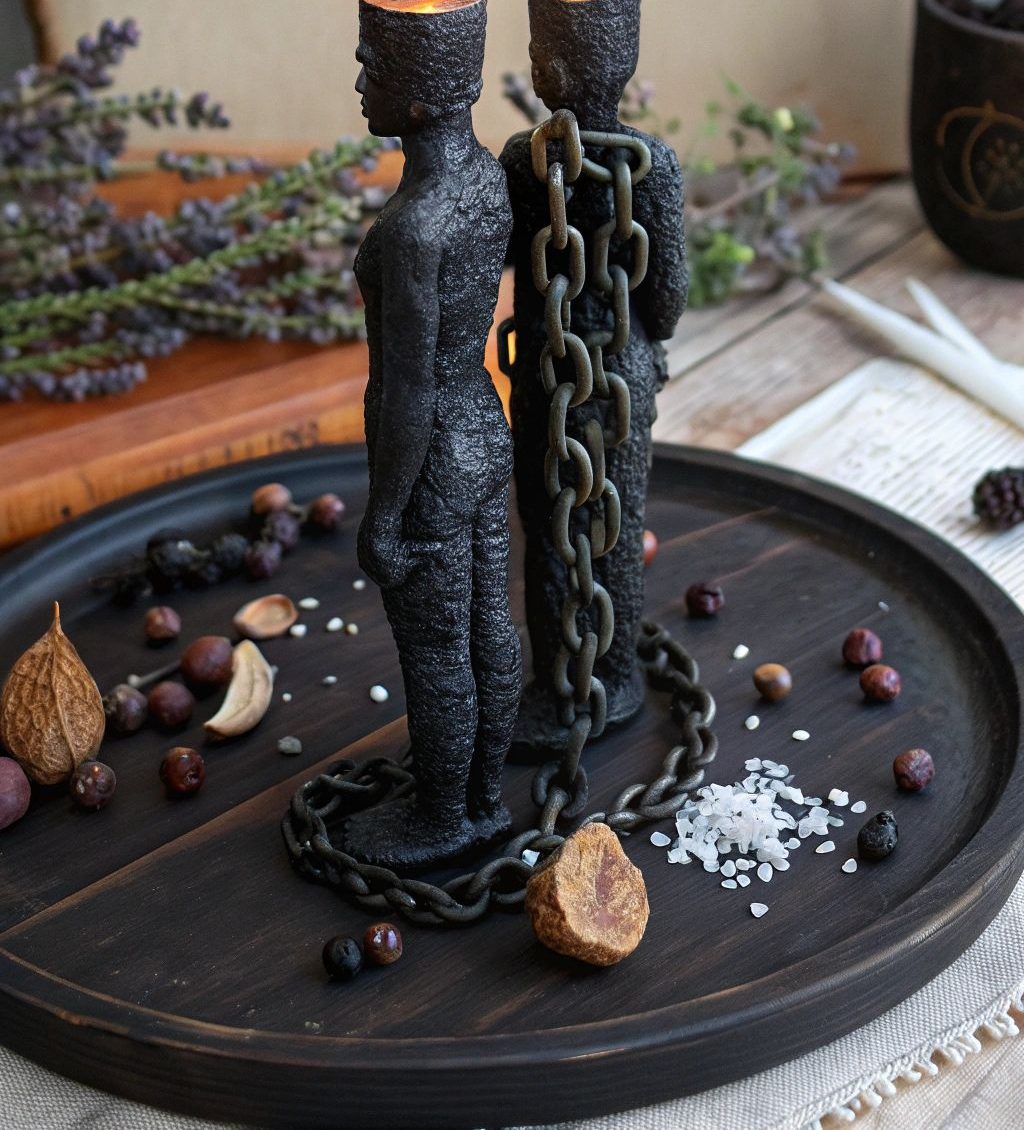 Two dark figure candles standing back to back, wrapped in a chain, on a wooden tray with seeds and salt