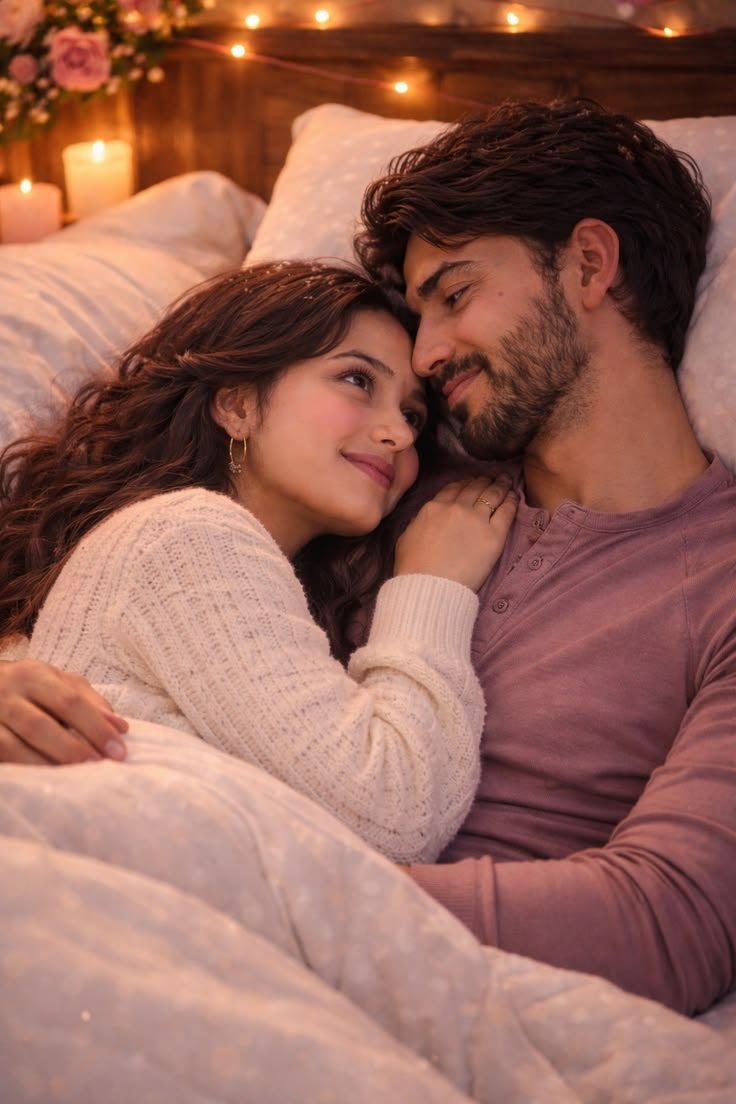 A smiling couple lying close together in bed, with candles and flowers behind them