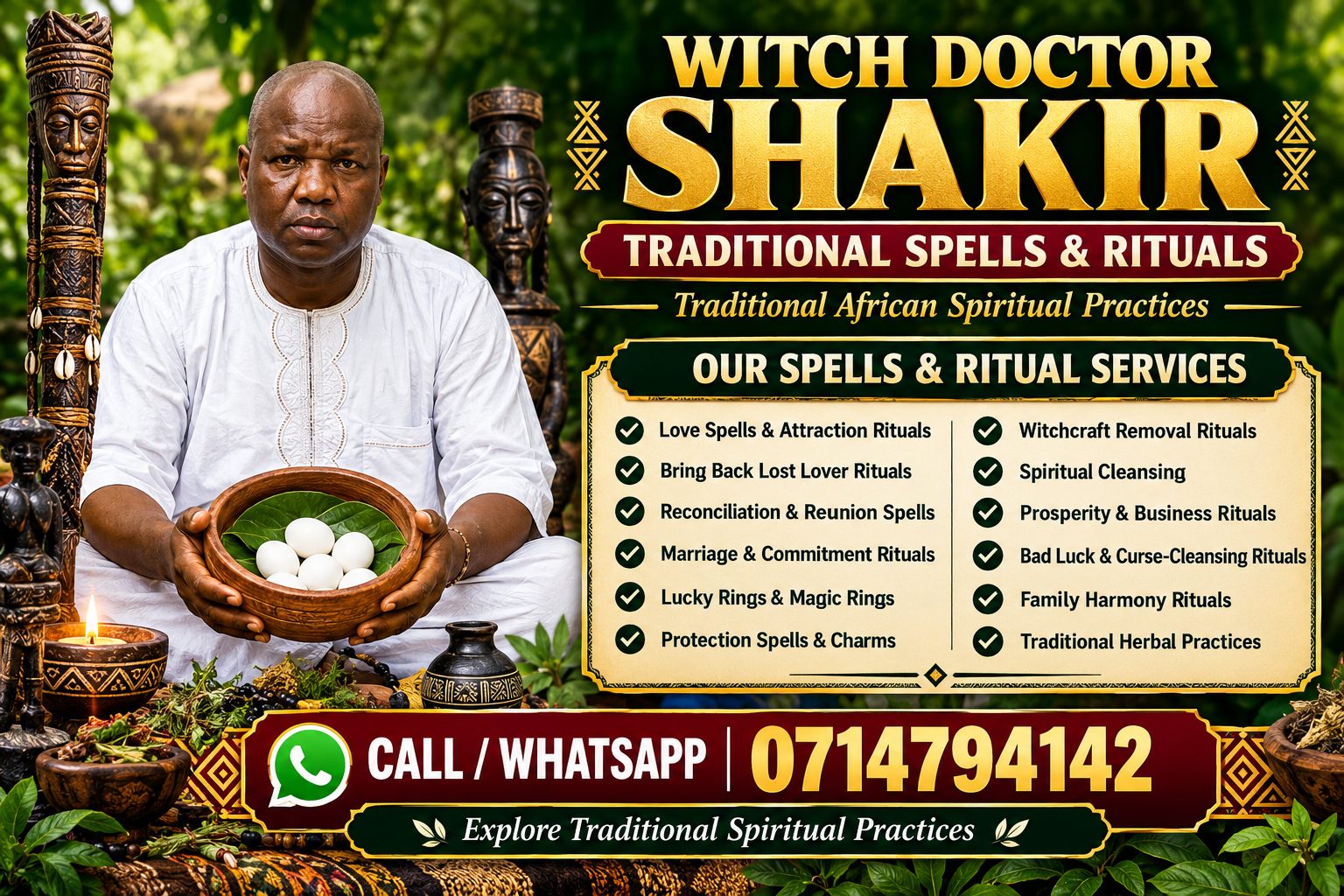 Poster: Witch Doctor Shakir, Traditional Spells & Rituals. Services: love spells and attraction rituals, bring back lost lover rituals, reconciliation and reunion spells, marriage and commitment rituals, lucky rings and magic rings, protection spells and charms, witchcraft removal rituals, spiritual cleansing, prosperity and business rituals, bad luck and curse-cleansing rituals, family harmony rituals and traditional herbal practices. Call or WhatsApp 0714794142.