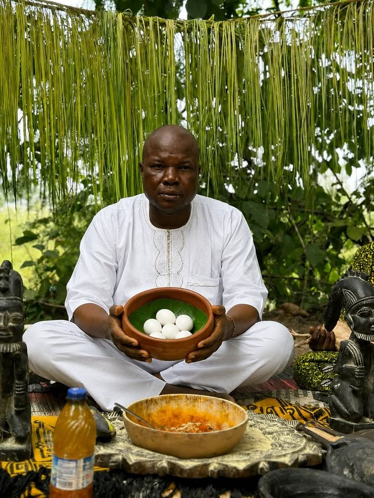 Witch Doctor Shakir dressed in white, seated outdoors and holding a clay bowl of eggs
